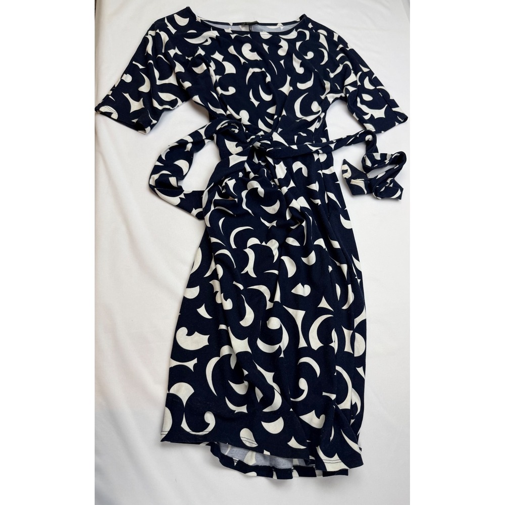 Ann Taylor Navy White Abstract Print Belted Jersey Knit Sheath Dress XS